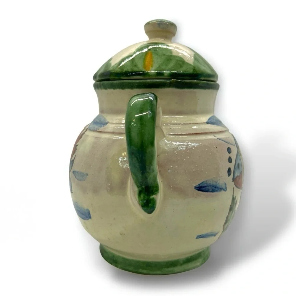 Vtg Mexican Pottery Sugar Bowl w/lid Hand Painted Fish  Glazed, Artist Signed